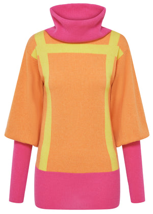 Rollkragenpullover - Kaschmir - Pink/Orange/Gelb