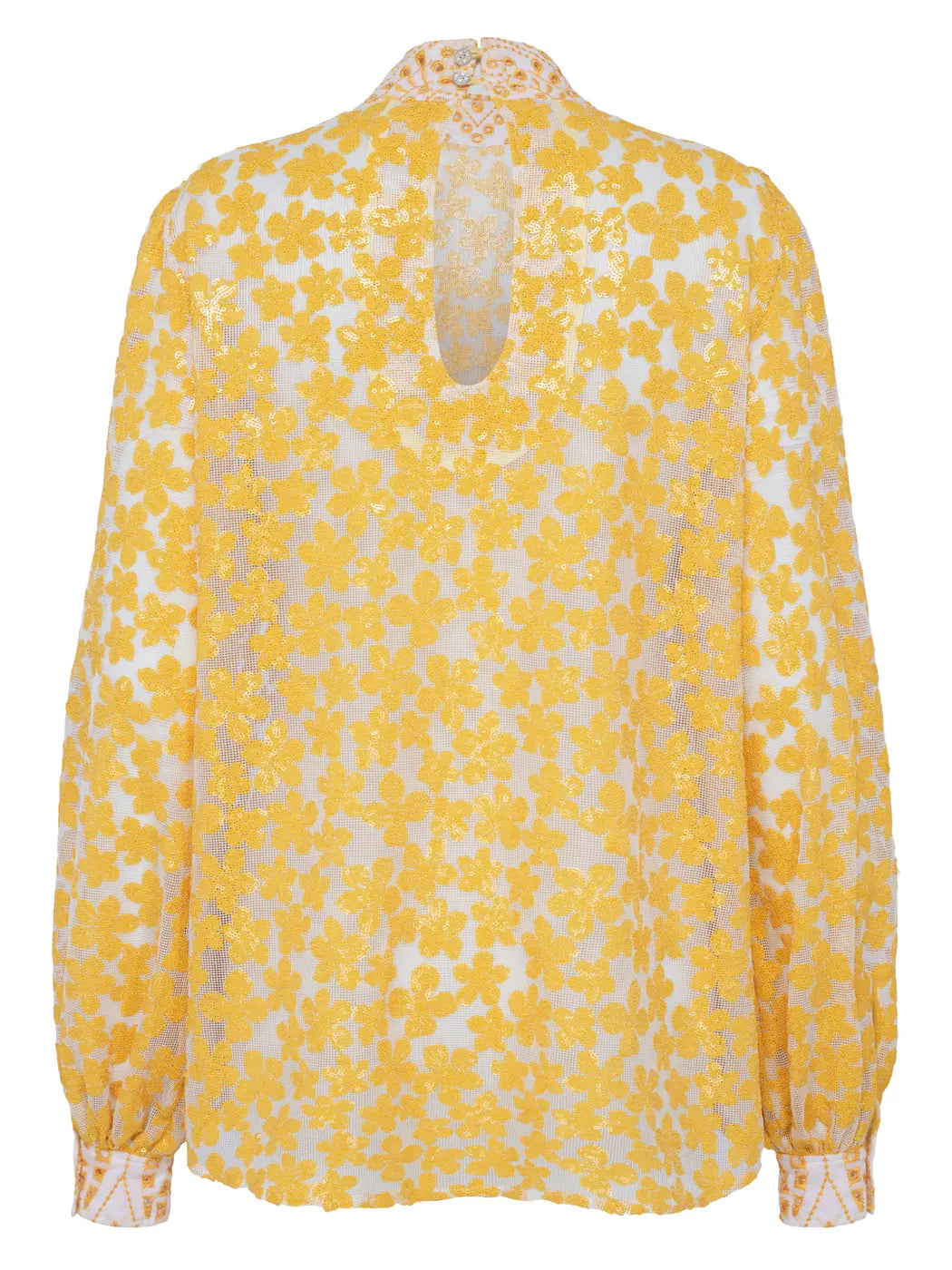 Marcel Ostertag Damen-Bluse mit transparenten Blumenpailletten-Muster in Gelb und Lochspitze an kleinem Stehkragen und Manschette, kleiner Tropfen-Rückenausschnitt mit zwei Perlmuttköpfen am Stehkragen, Rückansicht.
