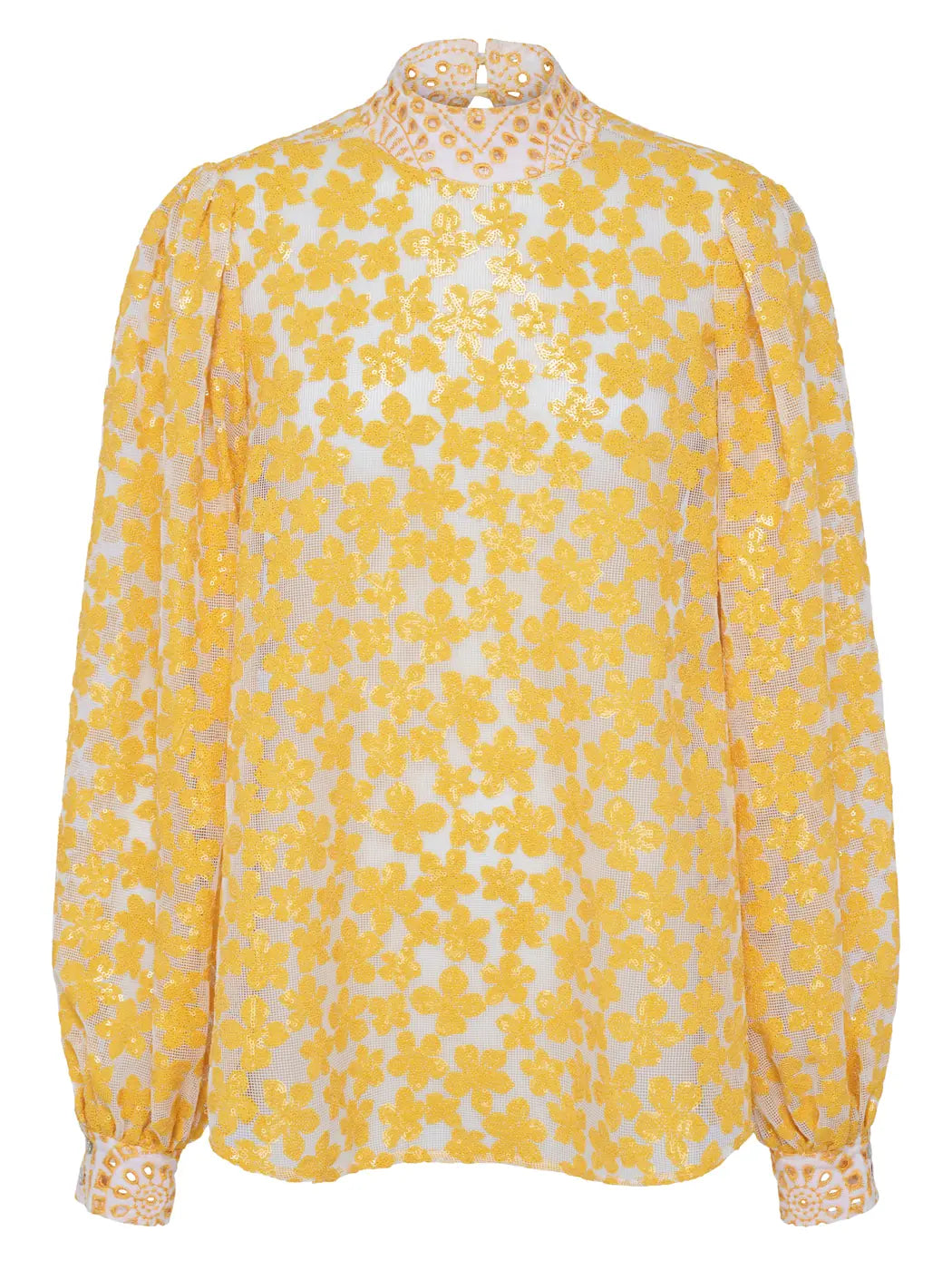 Marcel Ostertag Damen-Bluse mit transparenten Blumenpailletten-Muster in Gelb und Lochspitze an kleinem Stehkragen und Manschette, Vorderansicht.
