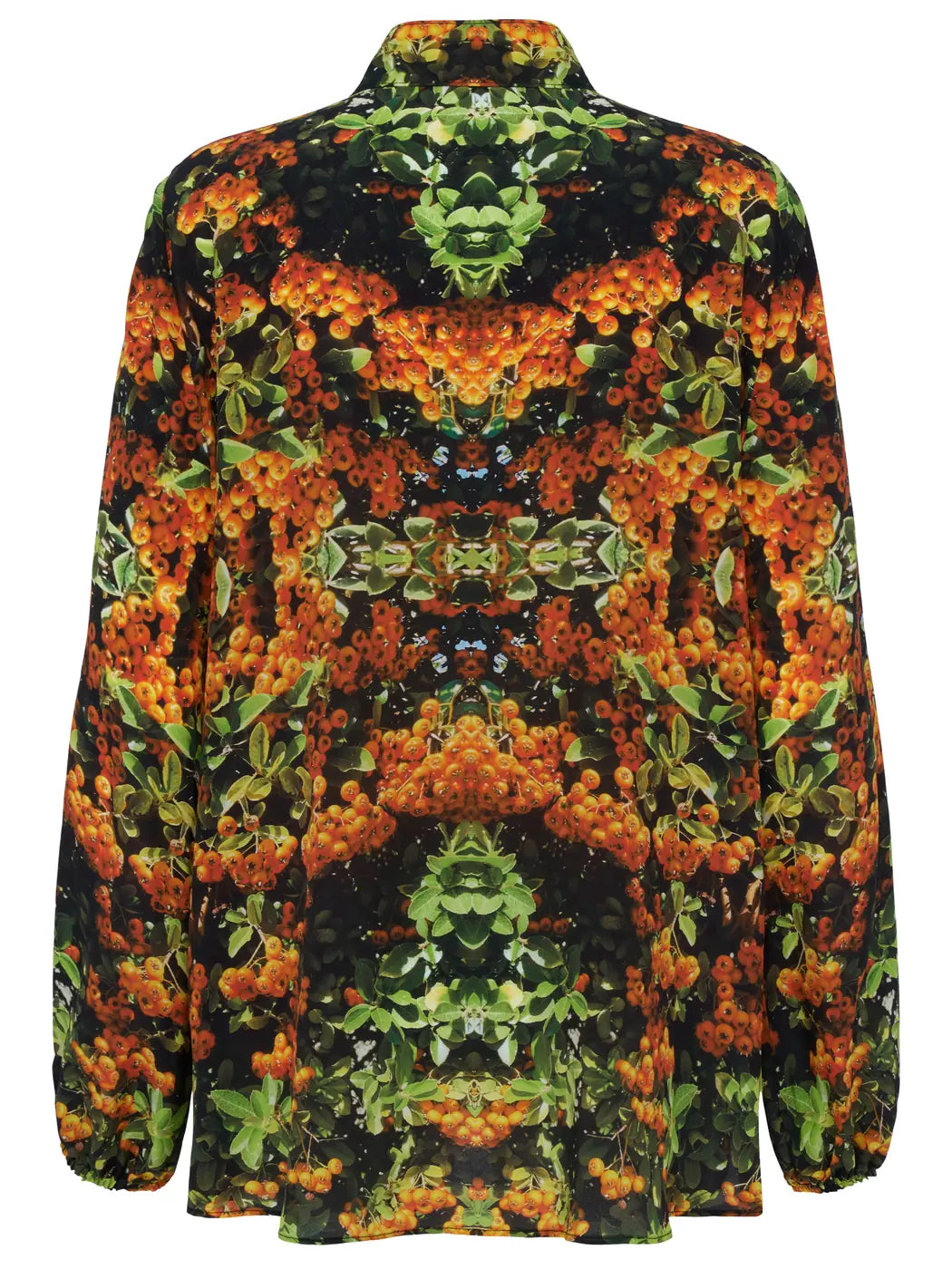 Marcel Ostertag Damen-Bluse mit Beeren-Print in Multicolor in Orange, Grün und Schwarz, Rückansicht.