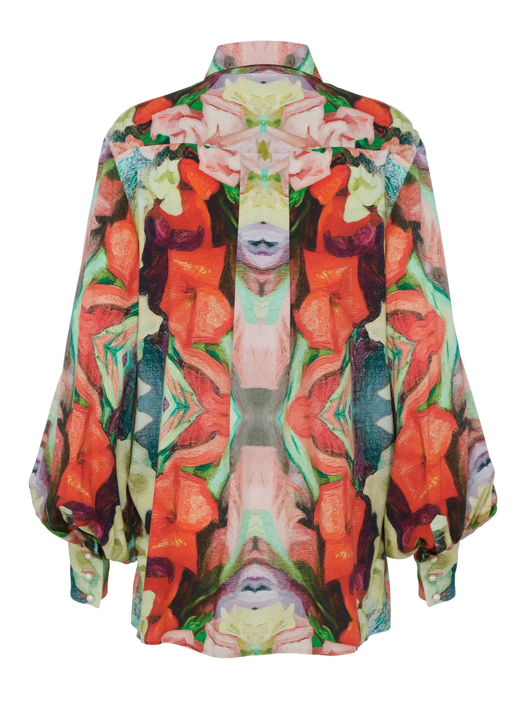 Marcel Ostertag Damen-Bluse mit Blumen-Print in Multicolor mit Rot und Grün, Rückansicht.