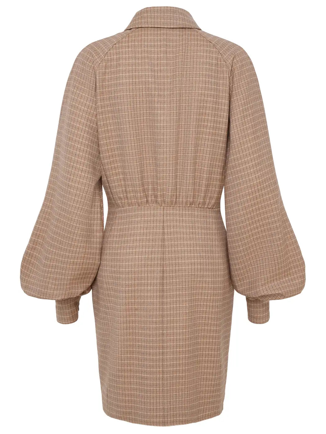 Marcel Ostertag Damen Zipper-Kleid in Camel mit Karo-Muster in Braun, Schwarz und Weiss, Hemdkragen, Ballonärmel und figurbetonter Schnitt, knielang, Rückansicht.