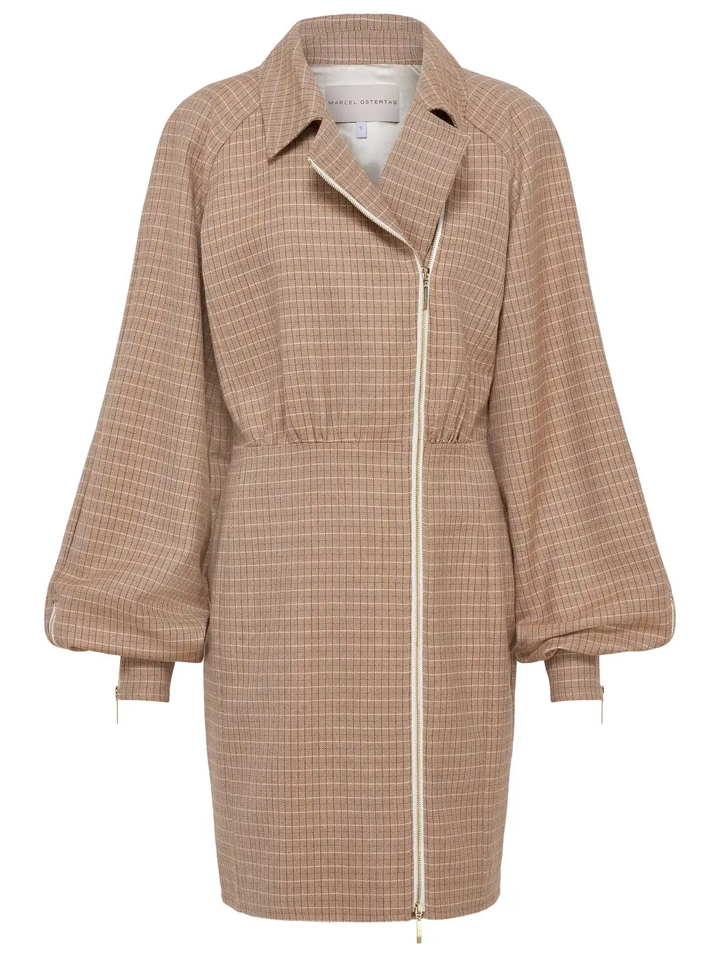 Marcel Ostertag Damen Zipper-Kleid in Camel mit Karo-Muster in Braun, Schwarz und Weiss, Hemdkragen, 2-Wege-Reissverschluss auf rechter Seite und leicht geöffnet, Ballonärmel und figurbetonter Schnitt, knielang, Vorderansicht.