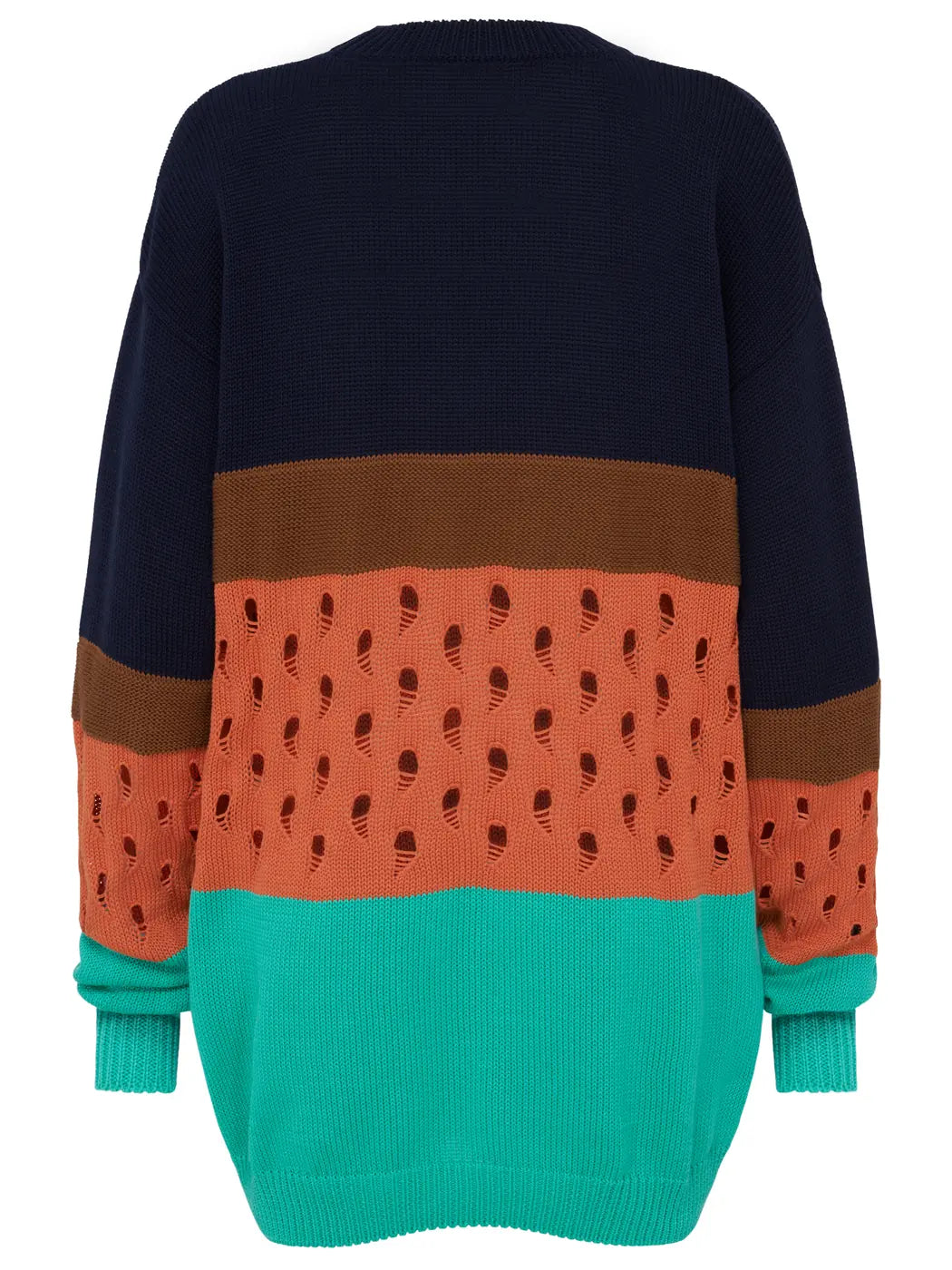 Marcel Ostertag Damen-Pullover aus Strick im Colorblock-Design in Multicolor mit Blau, Orange und Türkis, oranger Block mit Tropfen-Lochmuster, Rückansicht.