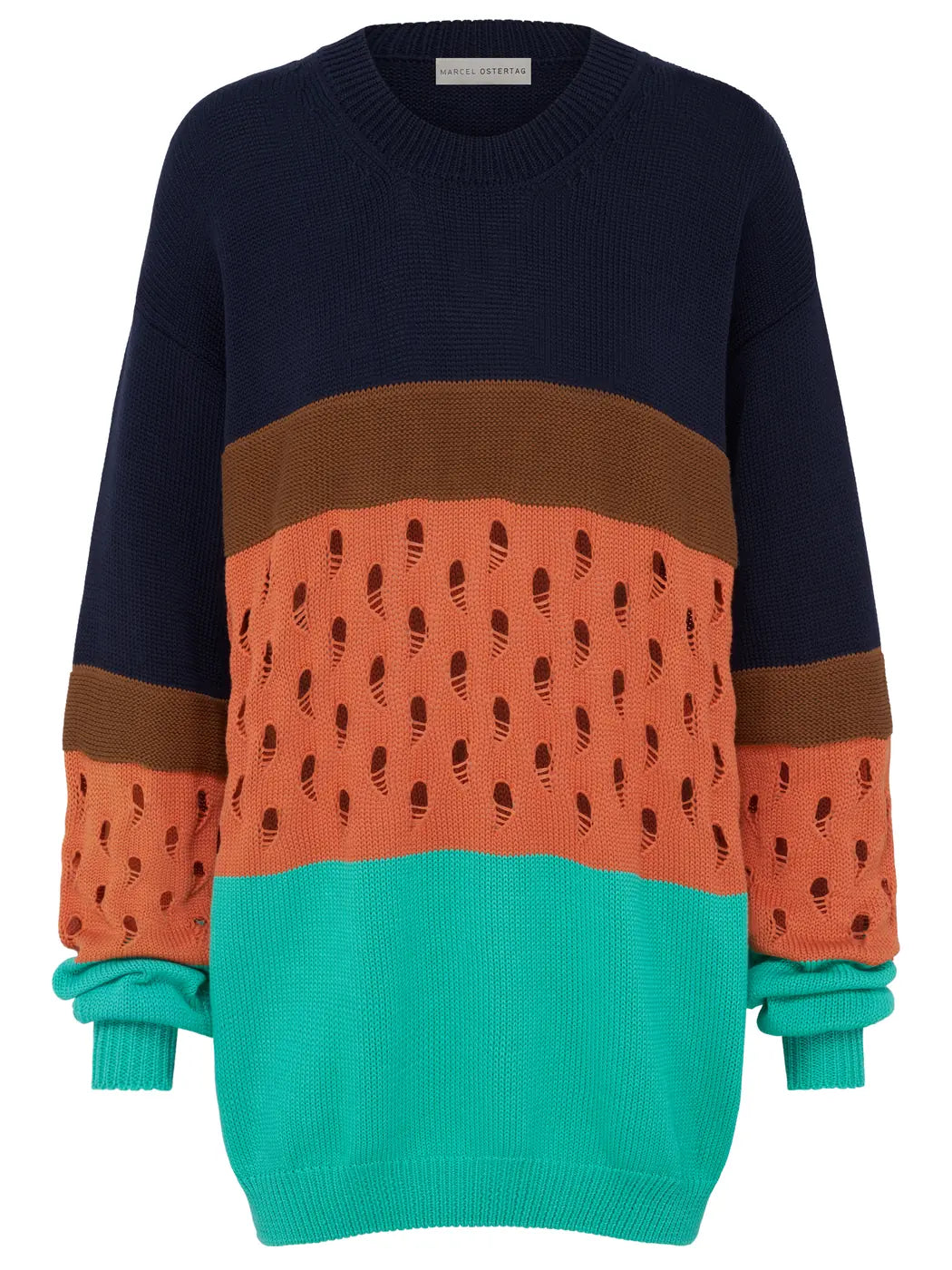 Marcel Ostertag Damen-Pullover aus Strick im Colorblock-Design in Multicolor mit Blau, Orange und Türkis, oranger Block mit Tropfen-Lochmuster und Rundhals, Vorderansicht.