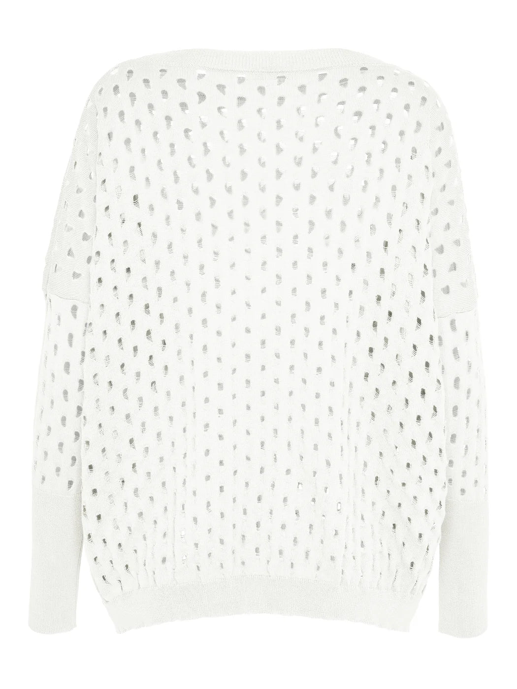 Marcel Ostertag Damen-Minikleid aus Strick in Weiss, mit Lochmuster in Tropfenform, weite Passform und lange Ärmel mit extra breiten Bündchen, Rückansicht.