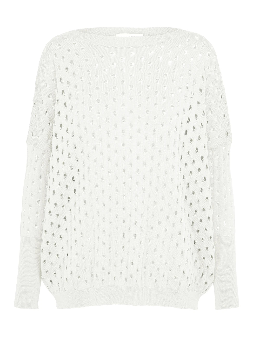 Marcel Ostertag Damen-Minikleid aus Strick in Weiss, mit Lochmuster in Tropfenform, weite Passform und lange Ärmel mit extra breiten Bündchen, Vorderansicht.