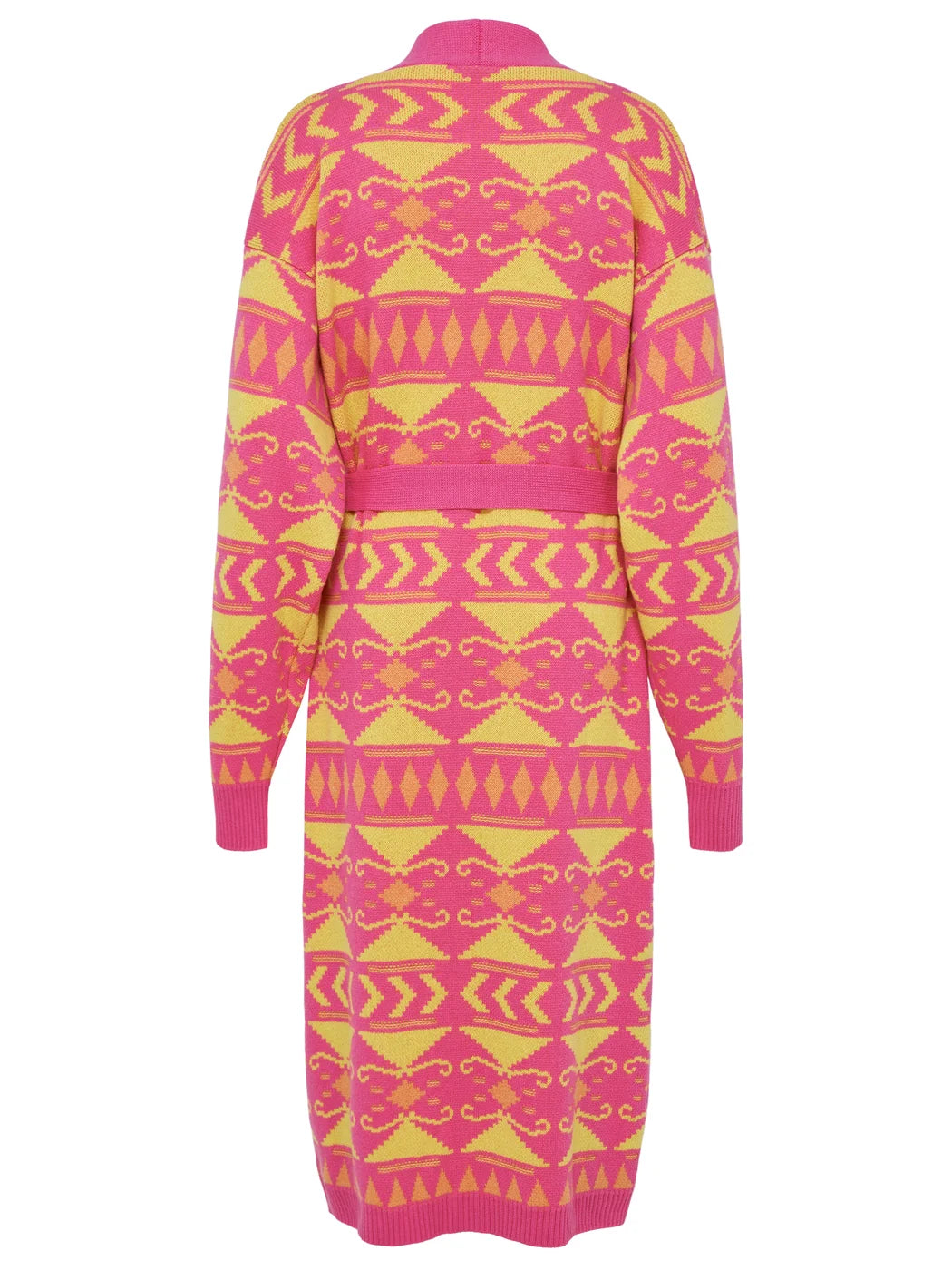 Marcel Ostertag Damen Strickmantel mit Bindegürtel und Ethno-Muster in Pink und Gelb, Rückansicht.