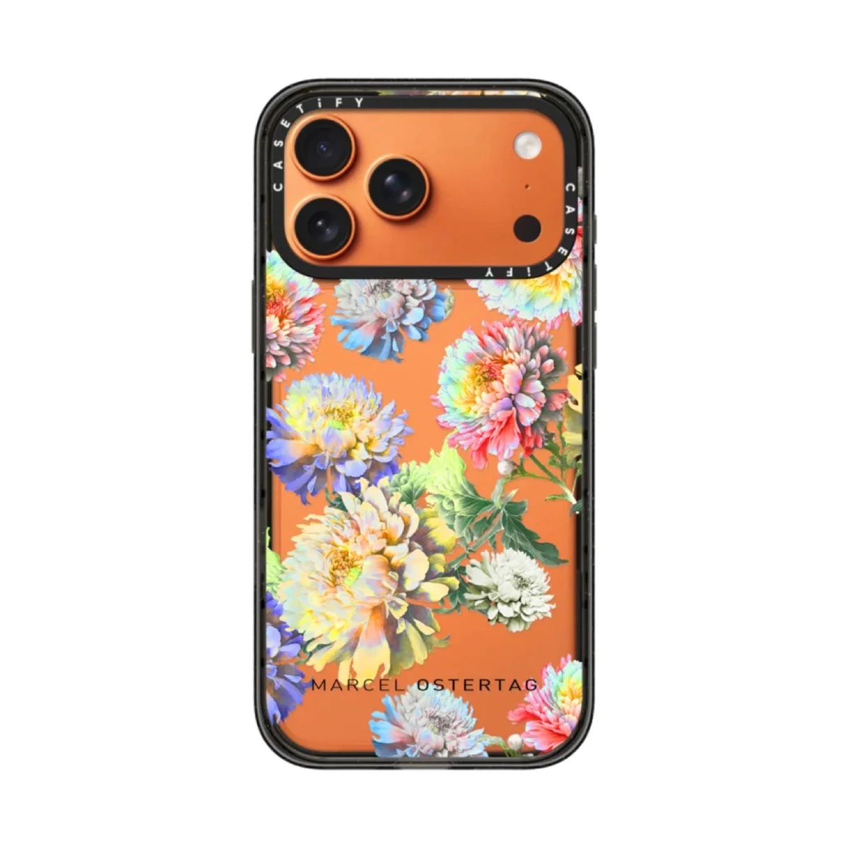Marcel Ostertag x CASETiFY iPhone-Hülle mit buntem Blumenprint auf orangefarbenem Untergrund, Kamerainsel und Rahmen in Orange