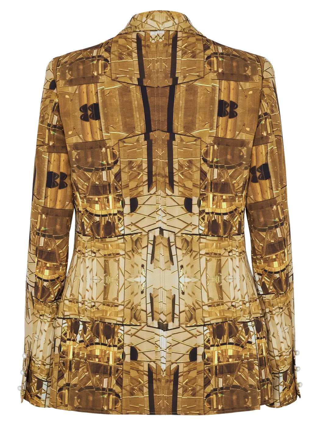 Marcel Ostertag Damen-Blazer in warmen Brauntönen mit gespiegeltem Muster, Print von Seventies Lampe inspiriert, Rückansicht.