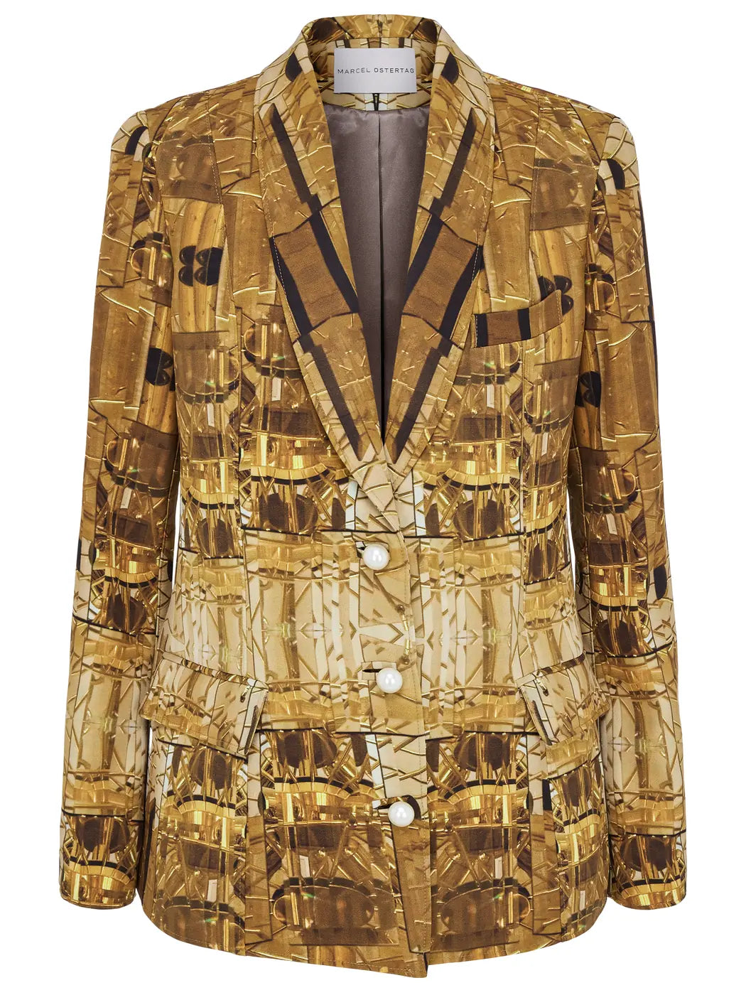 Marcel Ostertag Damen-Blazer in warmen Brauntönen mit Perlenknöpfen und Reverskragen, Print von Seventies Lampe inspiriert, Vorderansicht.