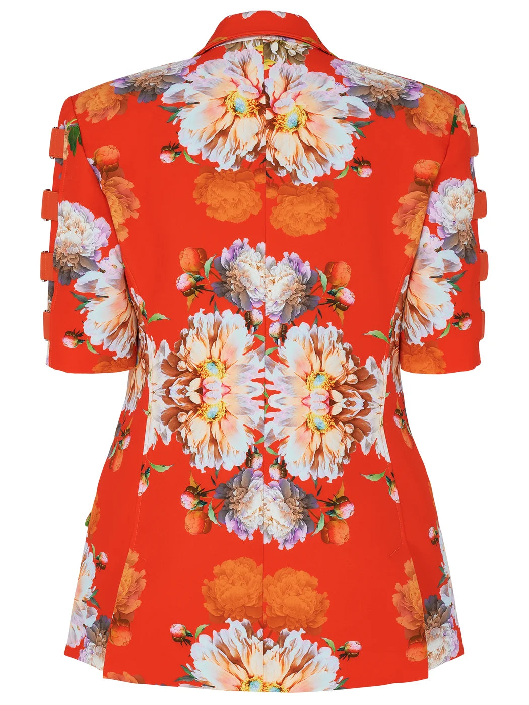 Marcel Ostertag Damen-Blazer in Orange mit großflächigem Blumenprint, Rückansicht.