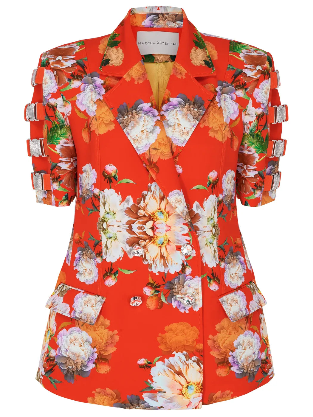 Marcel Ostertag Damen-Blazer in Orange mit Blumenprint, Strassknöpfen und Schnallen-Details, Vorderansicht.