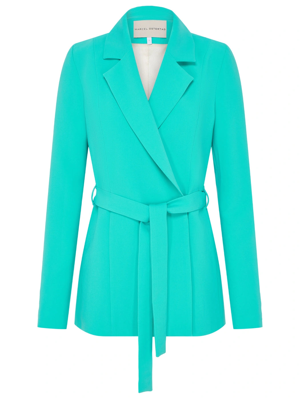Marcel Ostertag Damen-Blazer in Türkis, mit Reverskragen und Bindegürtel, Vorderansicht.
