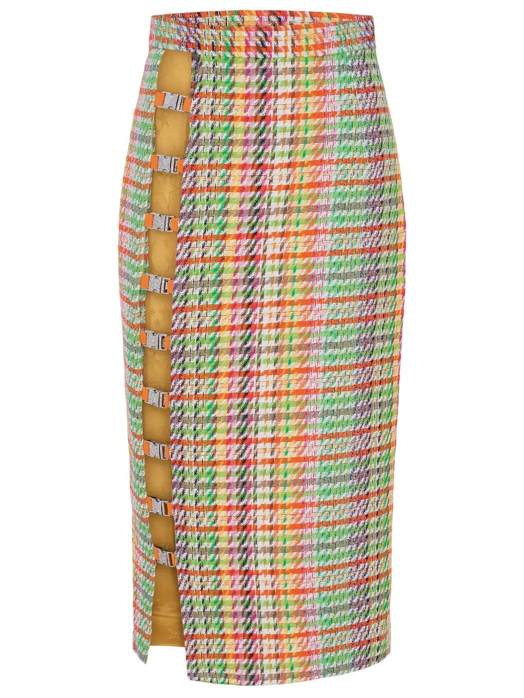 Marcel Ostertag Damen-Bleistiftrock aus Tweed im Hahnentrittmuster in Multicolor mit Schlitz und Strasssteinschnallen, Vorderansicht.
