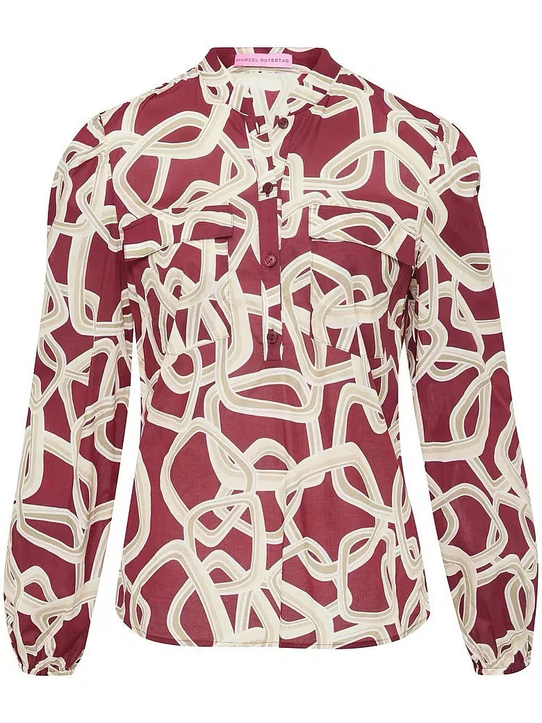 Marcel Ostertag Damen-Bluse mit abstrakten Print in Bordeaux und Weiss, Stehkragen, Knopfleiste und Brusttaschen, Vorderansicht