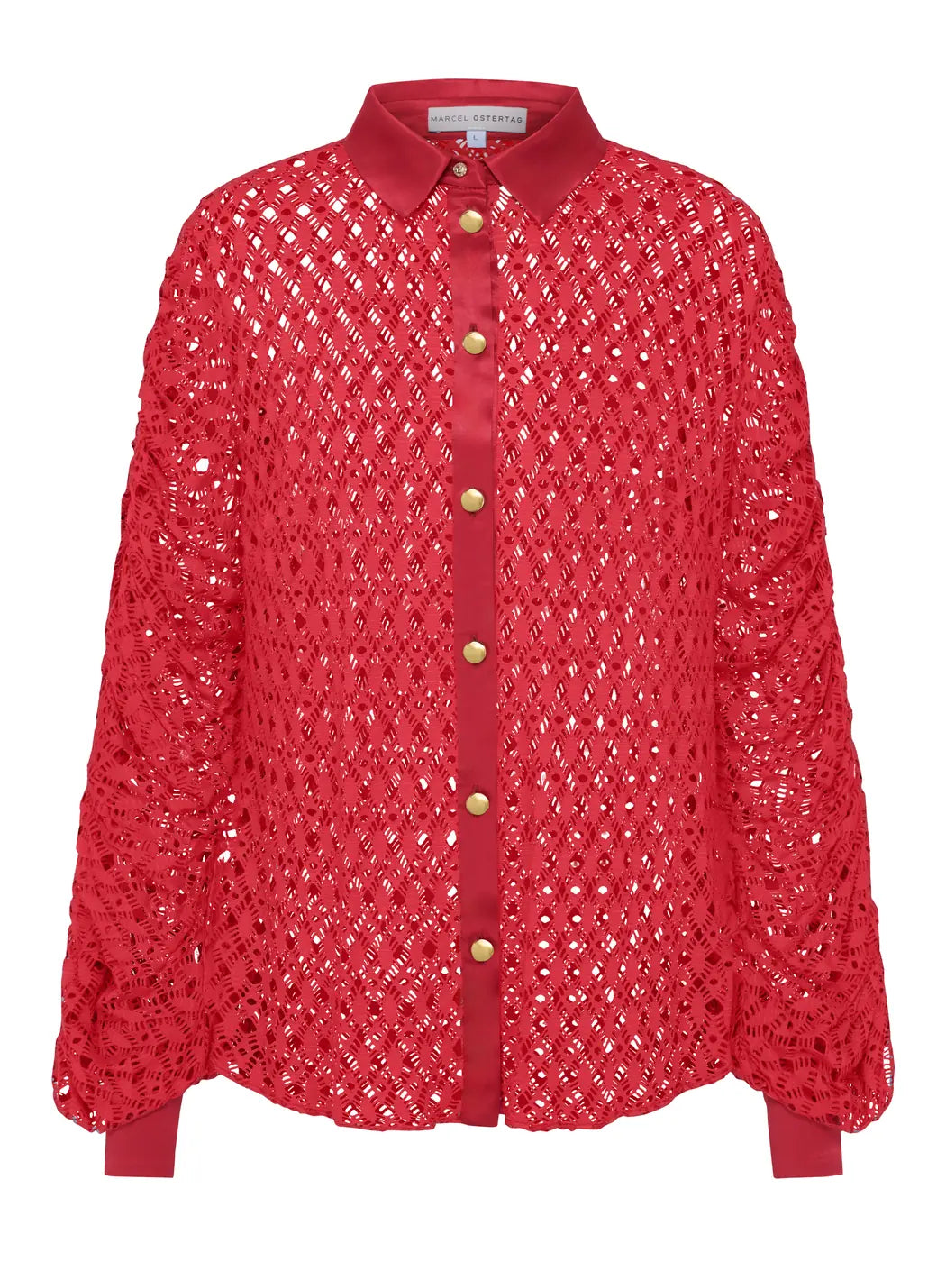 Marcel Ostertag Damen-Bluse aus Spitze in Rot mit goldenen Knöpfen, Kragen und Knopfleiste aus Seide, Vorderansicht.