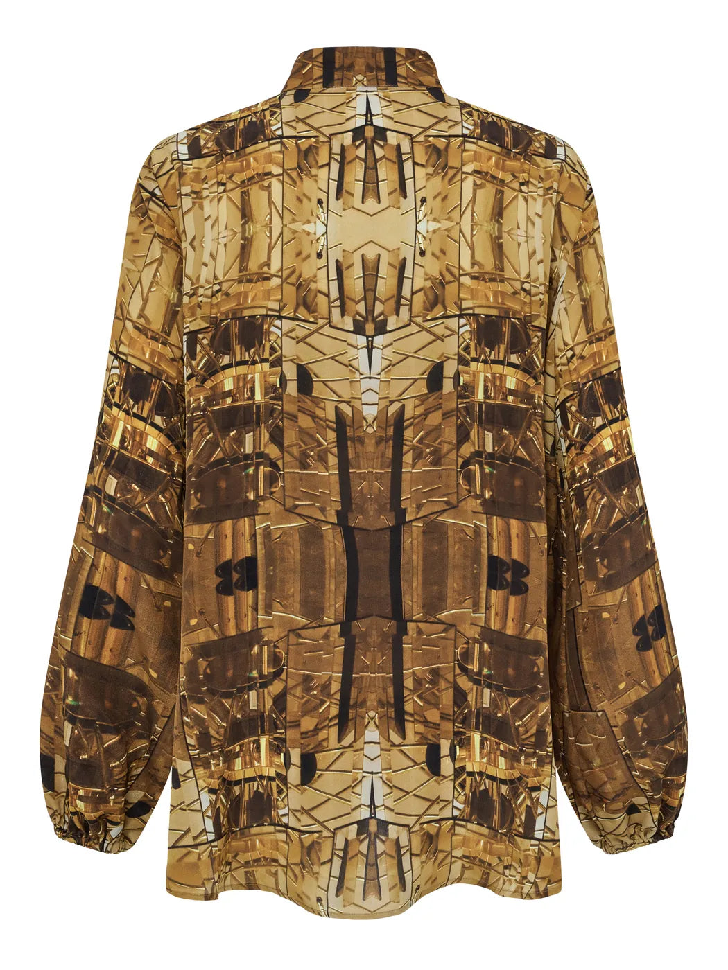 Marcel Ostertag Damen-Bluse aus Seide in warmen Brauntönen mit elastischen Armbündchen, Print von Seventies Lampe inspiriert, Rückansicht.