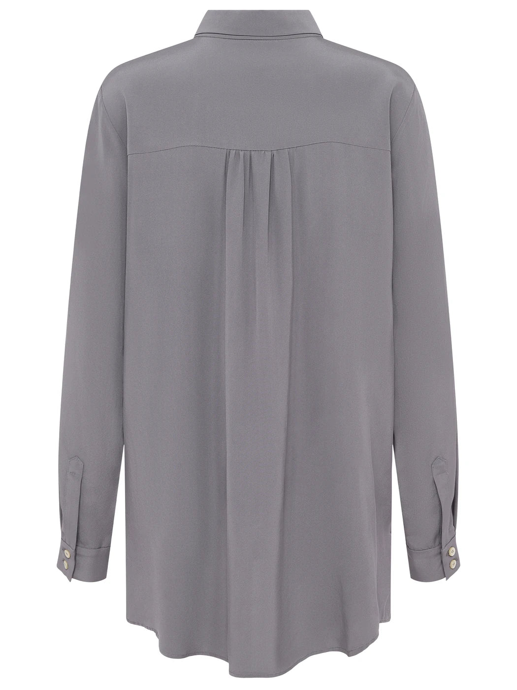 Marcel Ostertag Damen-Bluse aus Seide in Grau, Hemdkragen, Manschetten mit Perlmuttknöpfen, gerader Schnitt, Raffung mittig unterhalb der Schulterpasse, Rückansicht.