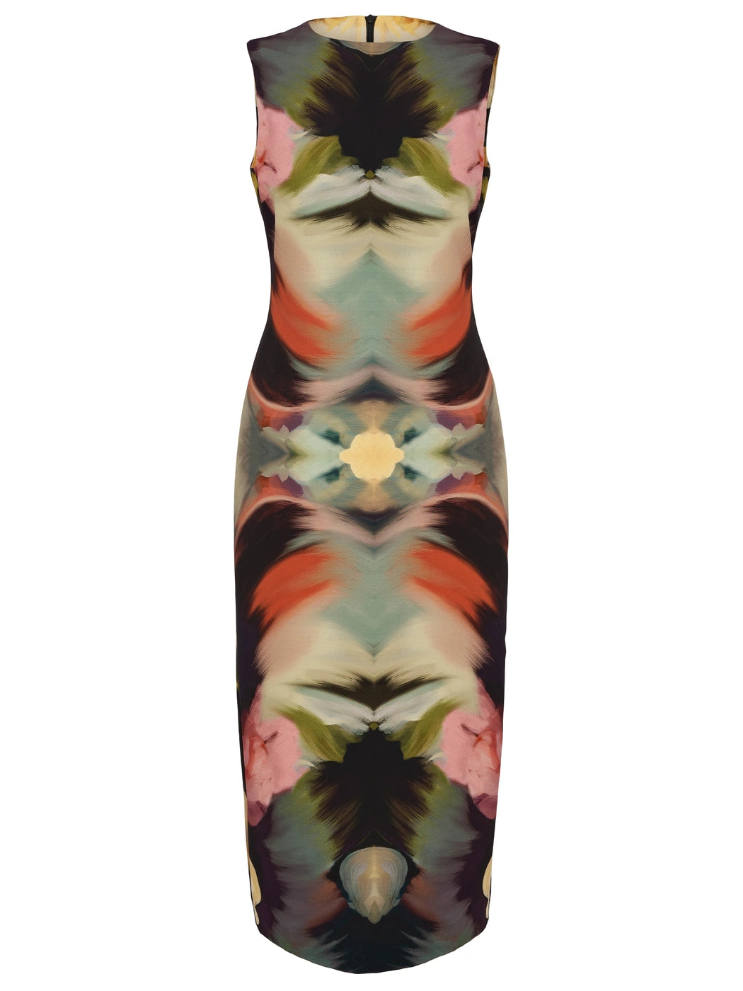 Marcel Ostertag Damen-Etuikleid mit abstrakten Blumenprint in Rot, Grün, Rosa, Creme und Schwarz, ohne Ärmel und mit Rundhals, Vorderansicht.