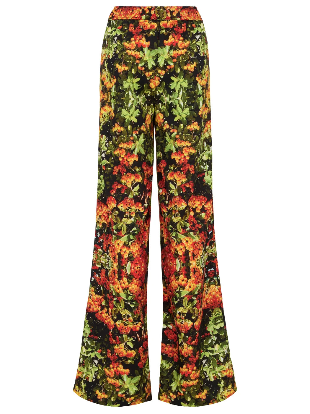 Marcel Ostertag Damen-Hose mit weitem Bein und Beeren-Print in Multicolor mit Orange, Grün und Schwarz, Rückansicht.