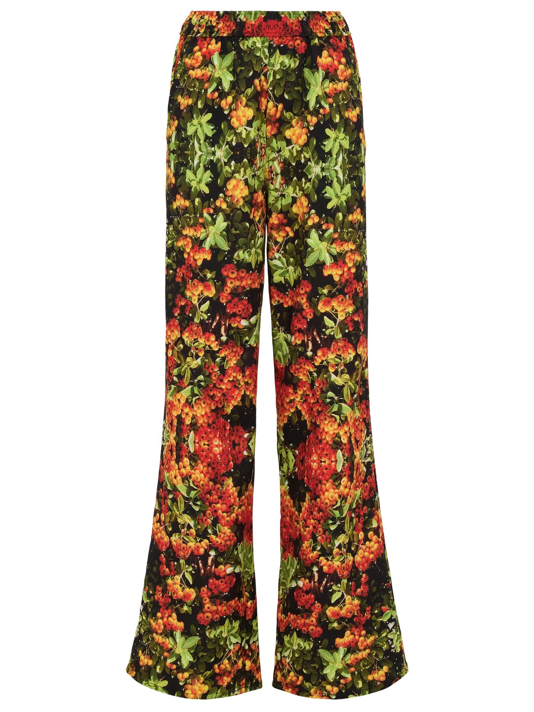 Marcel Ostertag Damen-Hose mit weitem Bein und elastischen Bund, Beeren-Print in Multicolor mit Orange, Grün und Schwarz, Vorderansicht.