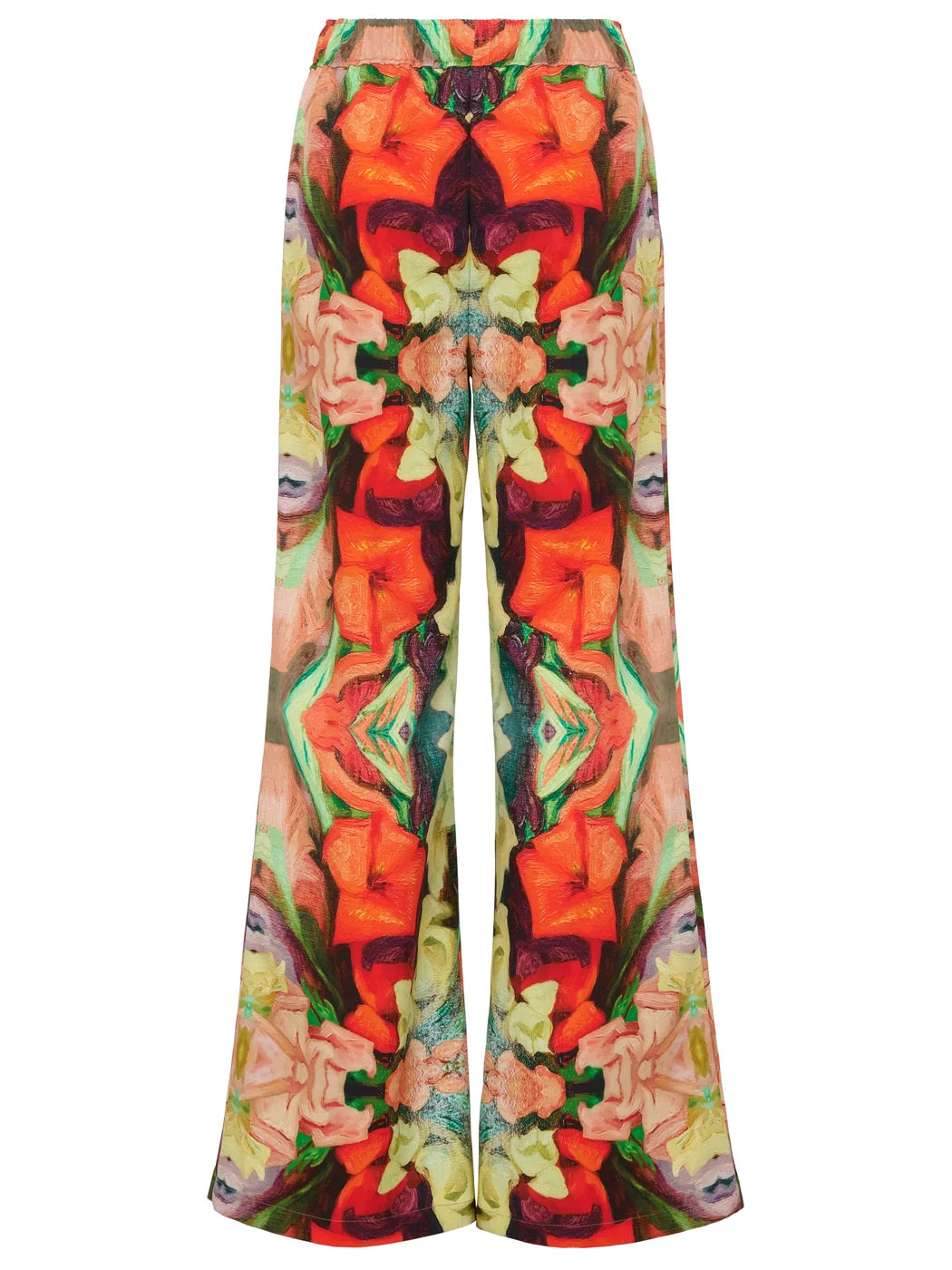 Marcel Ostertag Damen-Hose mit weitem Bein und Blumen-Print in Multicolor mit Rot, Grün und Gelb, Rückansicht.