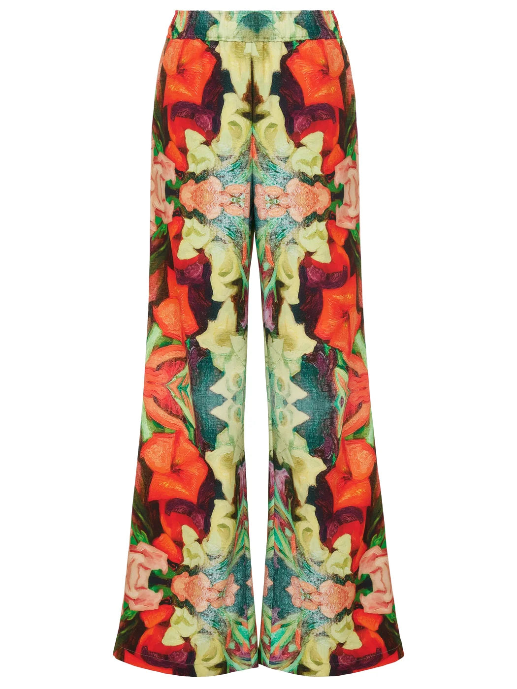 Marcel Ostertag Damen-Hose mit weitem Bein und elastischen Bund, Blumen-Print in Multicolor mit Rot, Grün und Gelb, Vorderansicht.