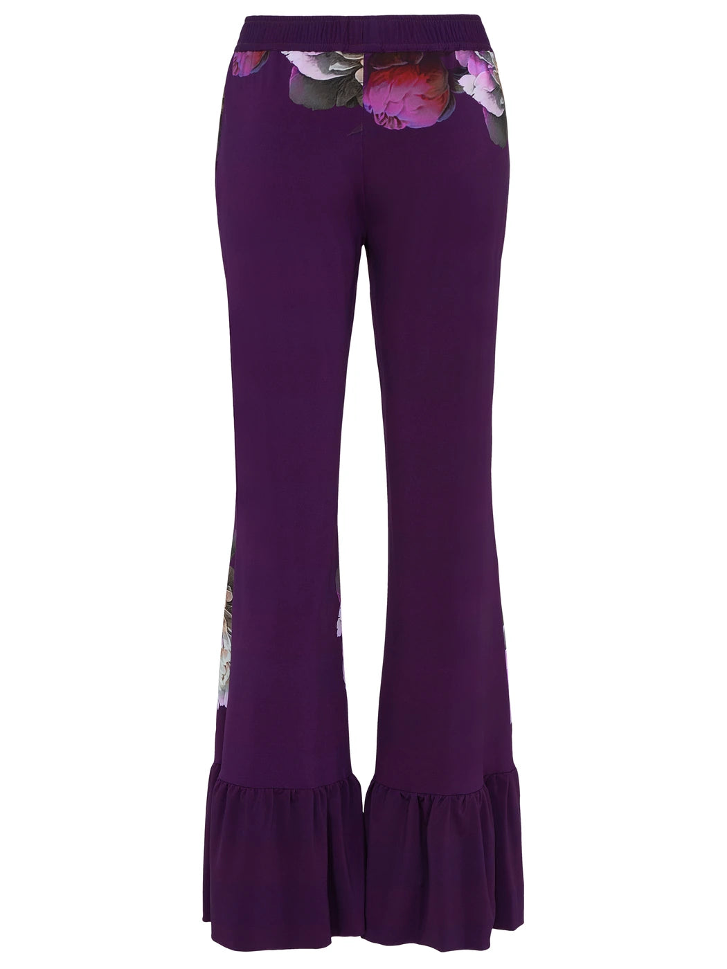 Marcel Ostertag Damen-Hose in Violett mit Blumenprint und leicht ausgestelltem Bein, Rückansicht.