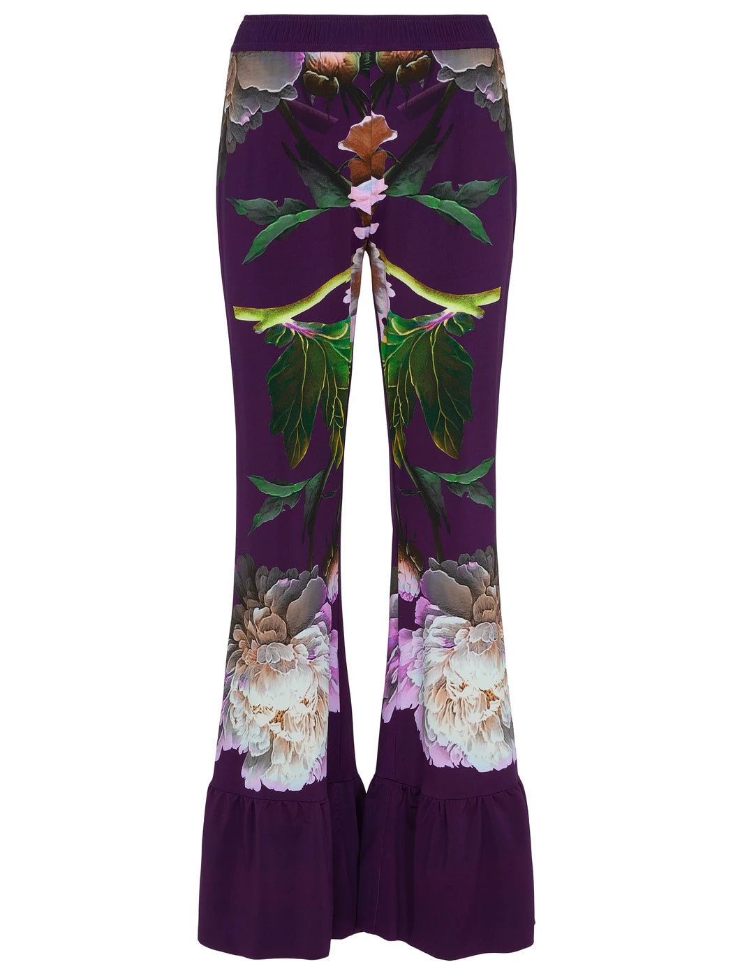 Marcel Ostertag Damen-Hose in Violett mit großflächigem Blumenprint, elastischer Bund und Volant am Saum, Vorderansicht.
