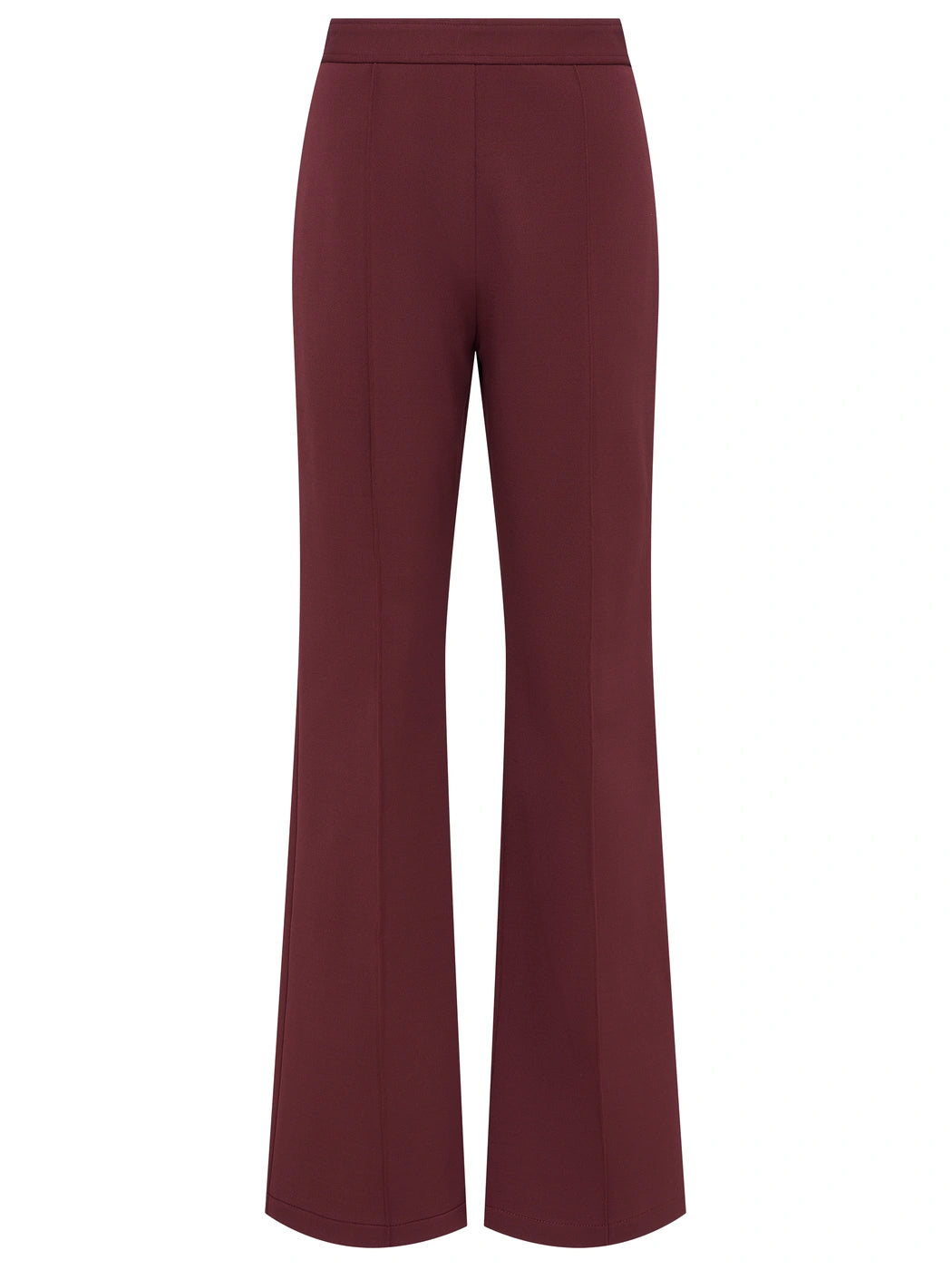 Marcel Ostertag Damen-Hose Stretch in Bordeaux mit hohem Bund, ausgestelltem Bein und Biesennaht, Vorderansicht.