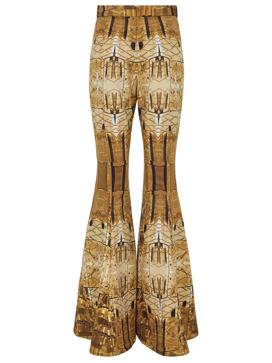 Marcel Ostertag Damen-Hose mit ausgestelltem Bein in warmen Brauntönen, Print von Seventies Lampe inspiriert, Rückansicht.