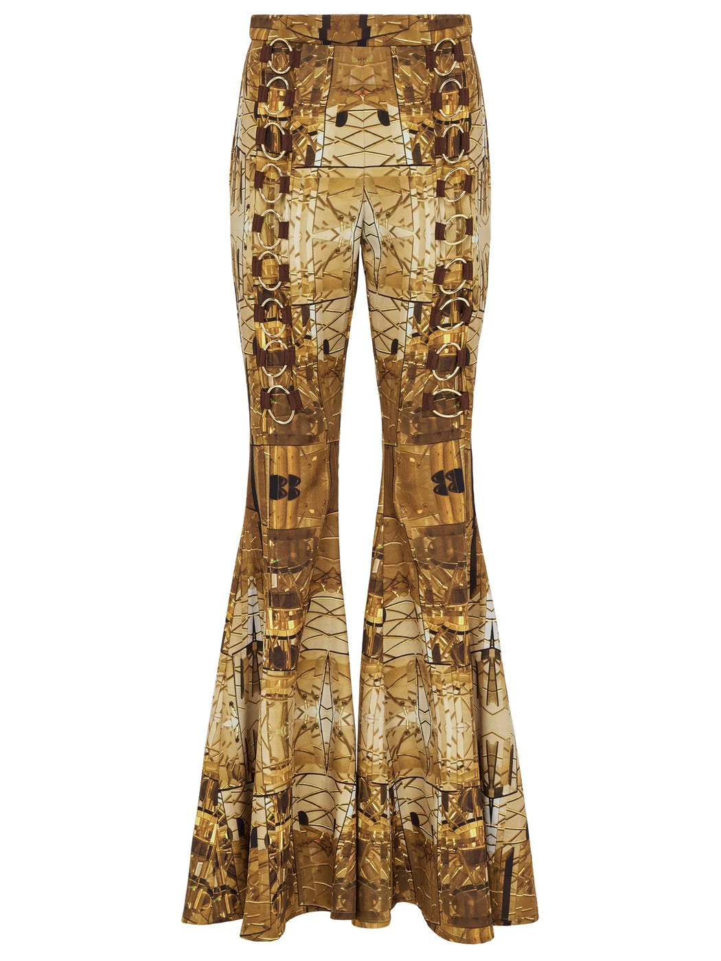Marcel Ostertag Damen-Hose mit ausgestelltem Bein in warmen Brauntönen mit Ringdetails in Gold auf Oberschenkel, Print von Seventies Lampe inspiriert, Vorderansicht.