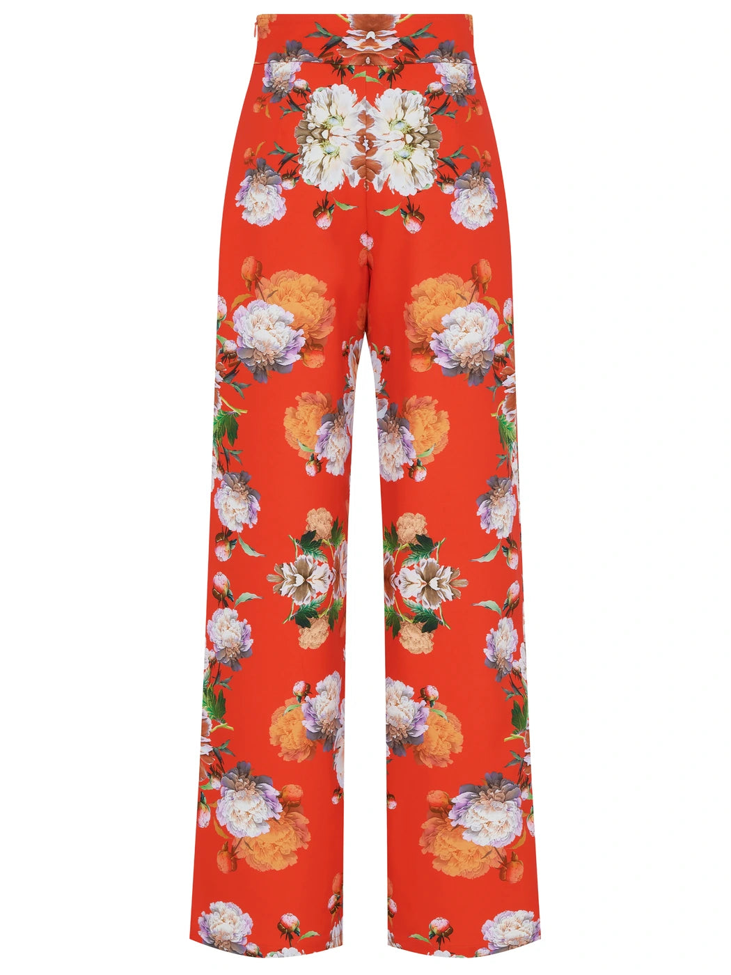 Marcel Ostertag Damen-Hose in Orange mit großflächigem Blumenprint, gerades Bein, Rückansicht.
