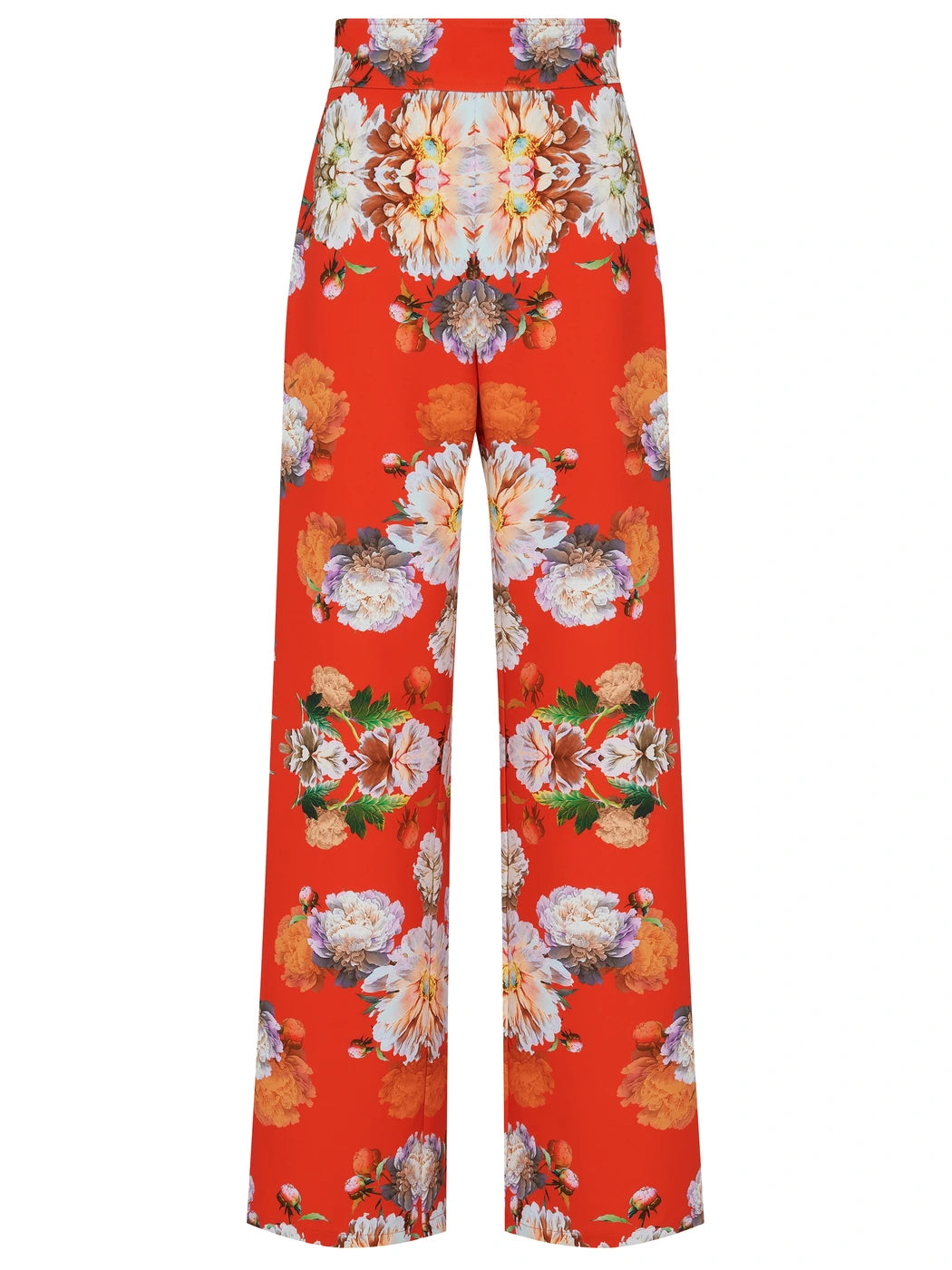 Marcel Ostertag Damen-Hose in Orange mit großflächigem Blumenprint, hoher Bund und geradesBein, Vorderansicht.