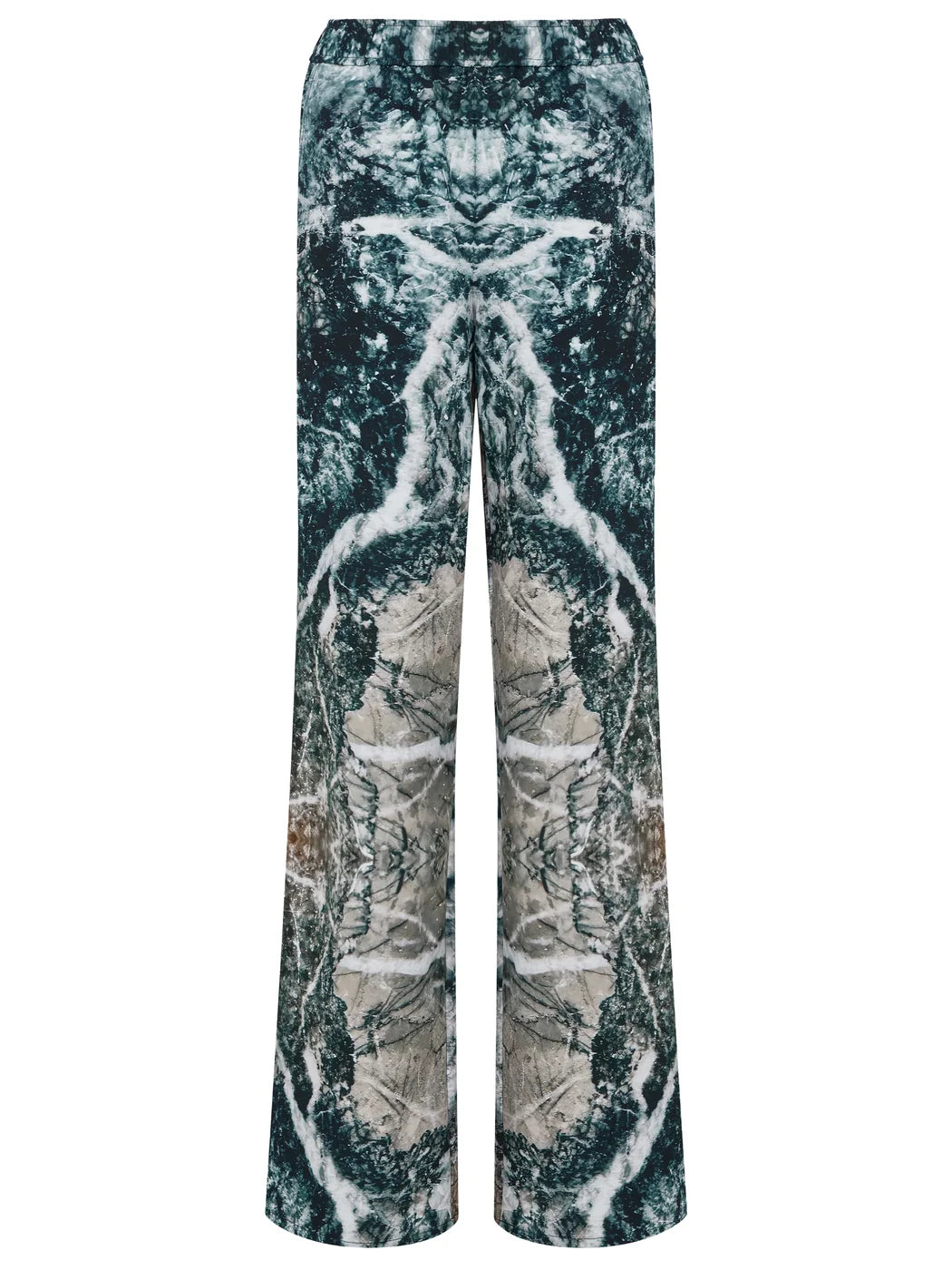 Marcel Ostertag Damen-Hose mit weitem Bein und elastischen Bund, Marmor-Print in Multicolor mit Schwarz, Weiss und Grau, Vorderansicht.