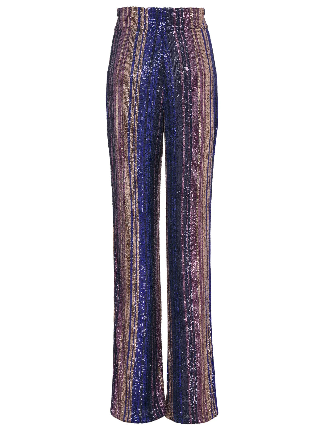 Marcel Ostertag Damen-Hose mit Pailletten in Blau, Metallic und Lila, hoher Bund und gerades Bein, Rückansicht.