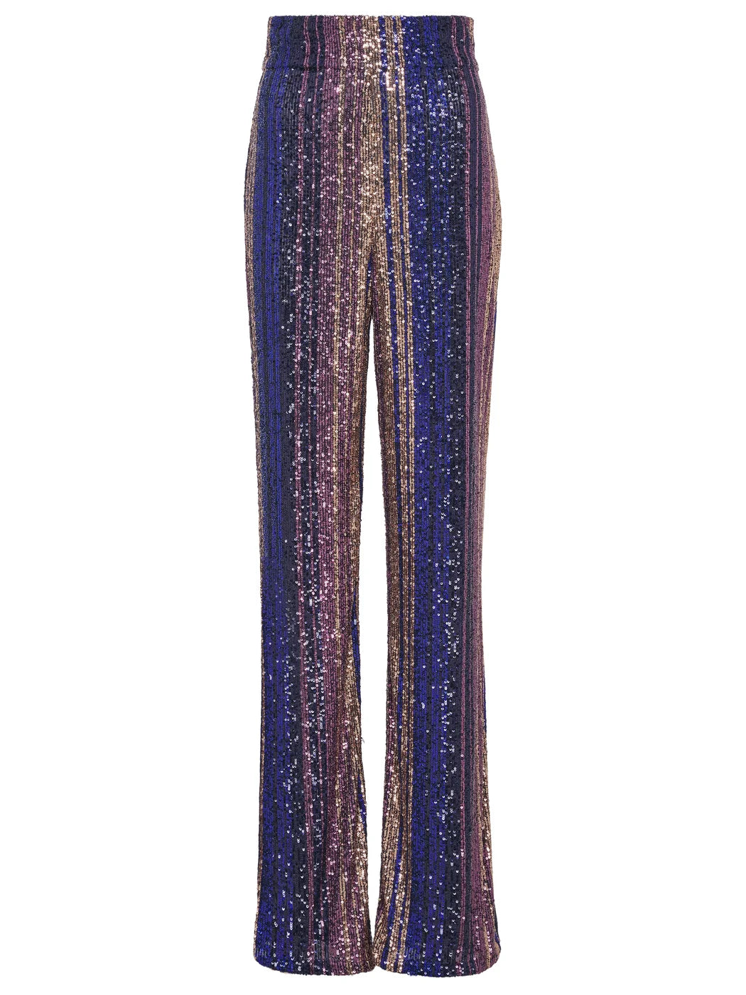 Marcel Ostertag Damen-Hose mit Pailletten in Blau, Metallic und Lila, hoher Bund und gerades Bein, Vorderansicht.