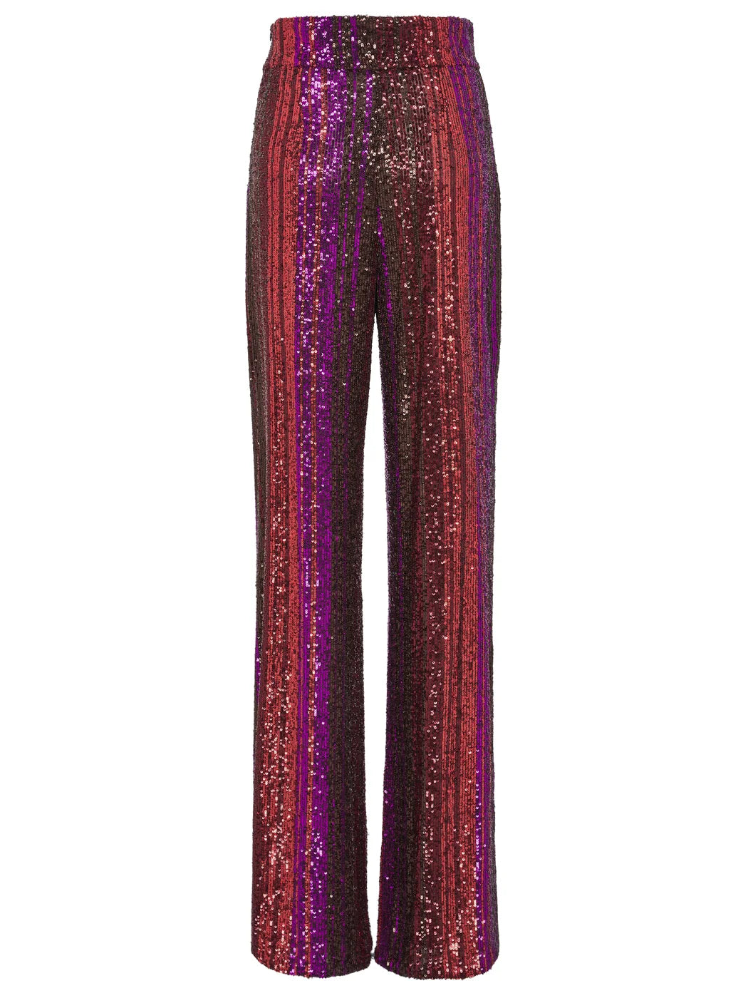 Marcel Ostertag Damen-Hose mit Pailletten in Rot, Braun und Lila, hoher Bund und gerades Bein, Rückansicht.