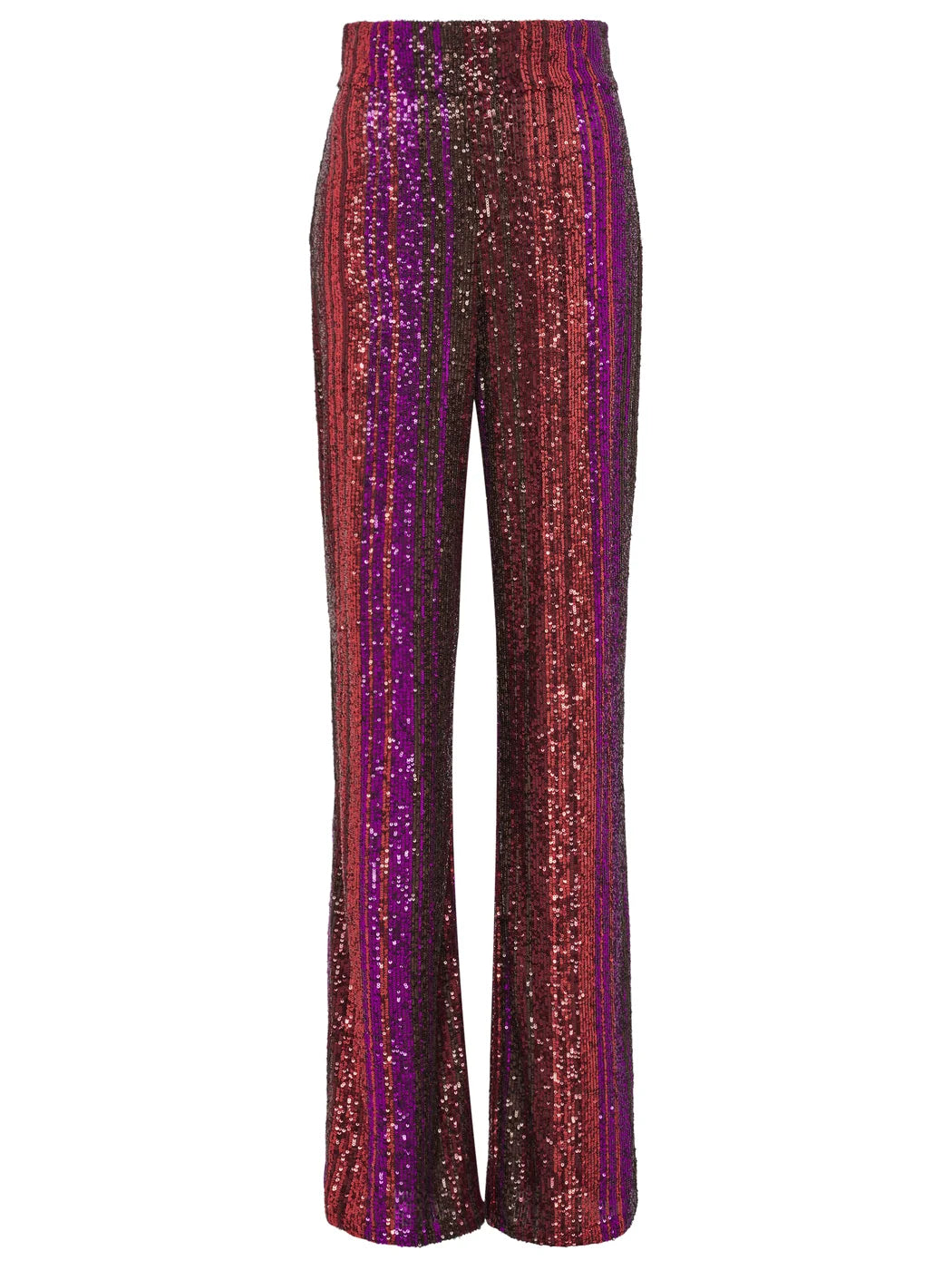 Marcel Ostertag Damen-Hose mit Pailletten in Rot, Braun und Lila, hoher Bund und gerades Bein, Vorderansicht.