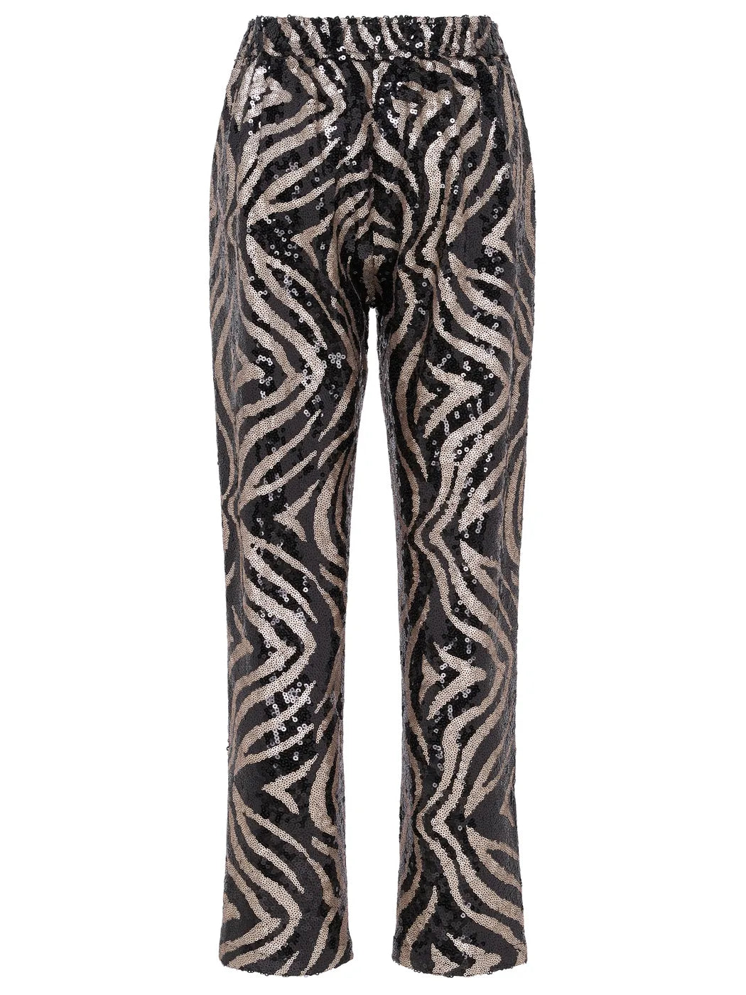 Marcel Ostertag Damen-Hose Paillette in Gold Metallic und Schwarz mit elastischem Bund, Rückansicht.