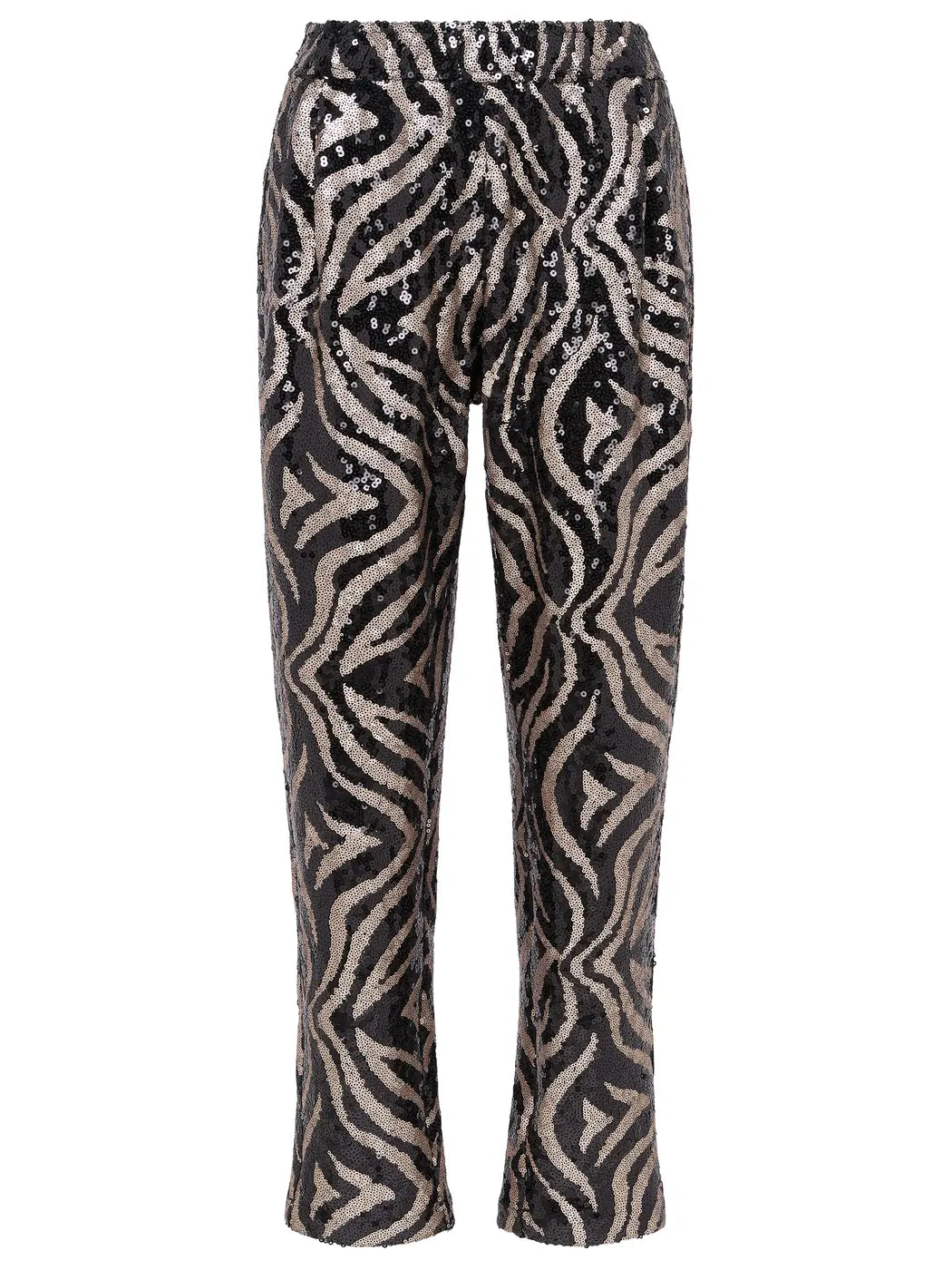 Marcel Ostertag Damen-Hose Paillette in Gold Metallic und Schwarz mit elastischem Bund und seitlichen Eingrifftaschen, Vorderansicht.