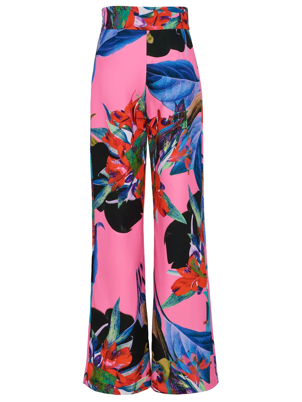 Marcel Ostertag Damen-Hose in Pink mit Blumenprint in Blau, Rot, Schwarz und Grün, hoher Bund und gerades Bein, Vorderansicht.