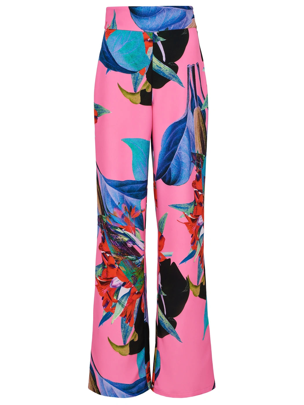 Marcel Ostertag Damen-Hose in Pink mit Blumenprint in Blau, Rot, Türkis, Schwarz und Grün, hoher Bund und gerades Bein, Vorderansicht.