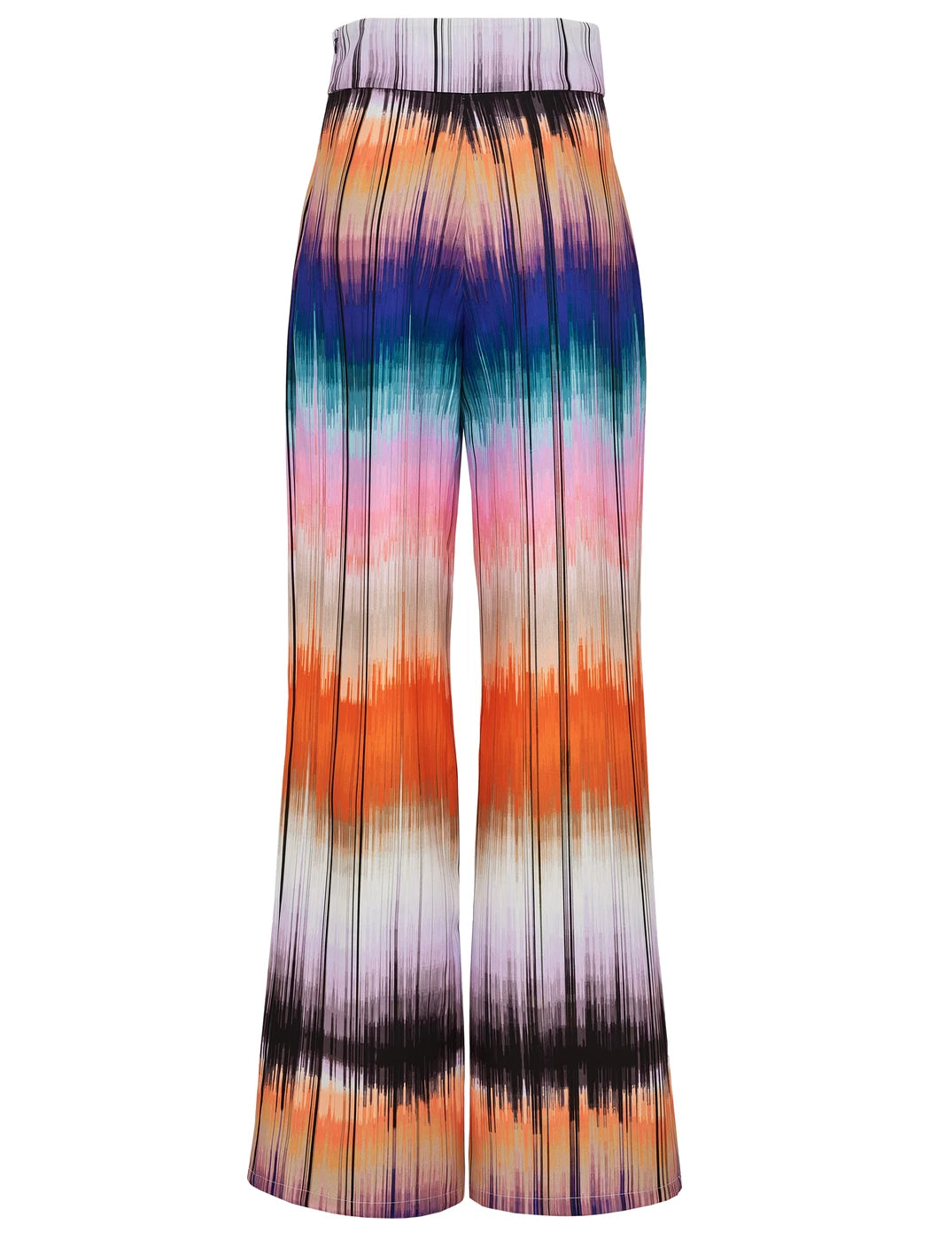 Marcel Ostertag Damen-Hose mit abstrakten quer verlaufenden Streifenprint in Orange, Rosa, Türkis, Lila, Weiss und Schwarz, hoher Bund und gerades Bein, Rückansicht.