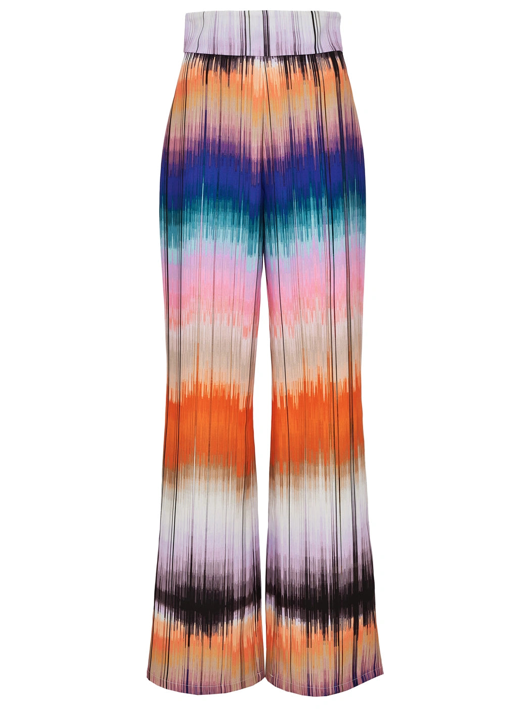 Marcel Ostertag Damen-Hose mit abstrakten quer verlaufenden Streifenprint in Orange, Rosa, Türkis, Lila, Weiss und Schwarz, hoher Bund und gerades Bein, Vorderansicht.