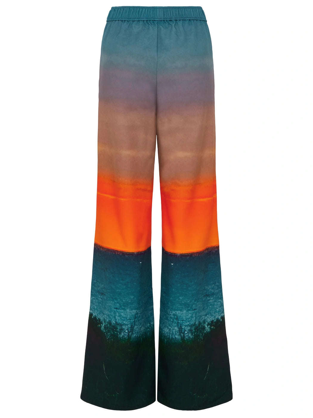 Marcel Ostertag Damen-Hose mit weitem Bein und Sonnenuntergang-Print in Multicolor mit Türkis, Orange, Blau und Schwarz, Rückansicht.