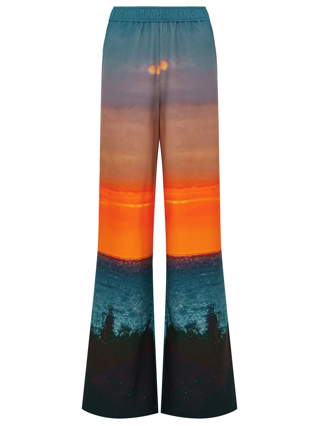 Marcel Ostertag Damen-Hose mit weitem Bein und Sonnenuntergang-Print in Multicolor mit Türkis, Orange, Blau und Schwarz, Vorderansicht.