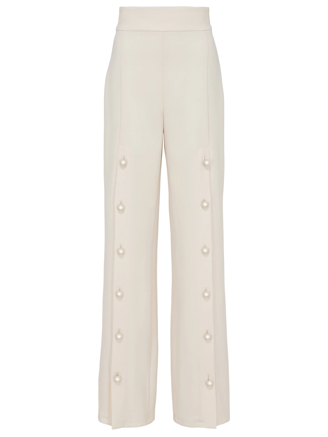 Marcel Ostertag Damen-Hose in Weiss mit hohem Bund, gerades Bein und durchgehende Knopfleiste am Bein mit weissen Perlenknöpfen, Vorderansicht.