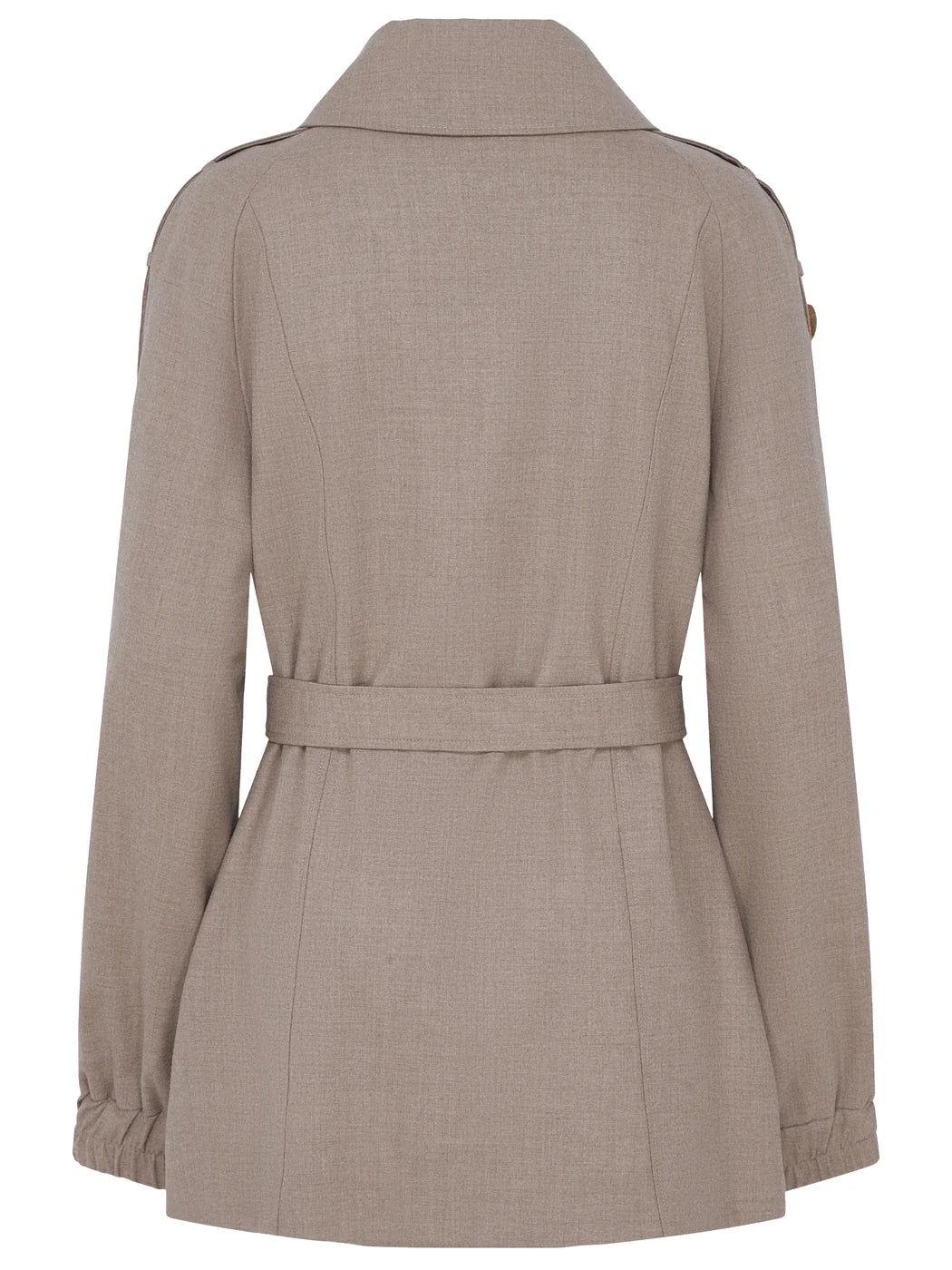 Marcel Ostertag Damen-Jacke aus Kaschmir in Taupe mit Raglanärmeln und Schulterschlaufen, Rückansicht.